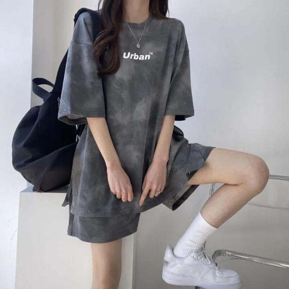 Letter Two-piece Tracksuit Large Size Summer Loose Suit Simple Casual Clothings Women  Running