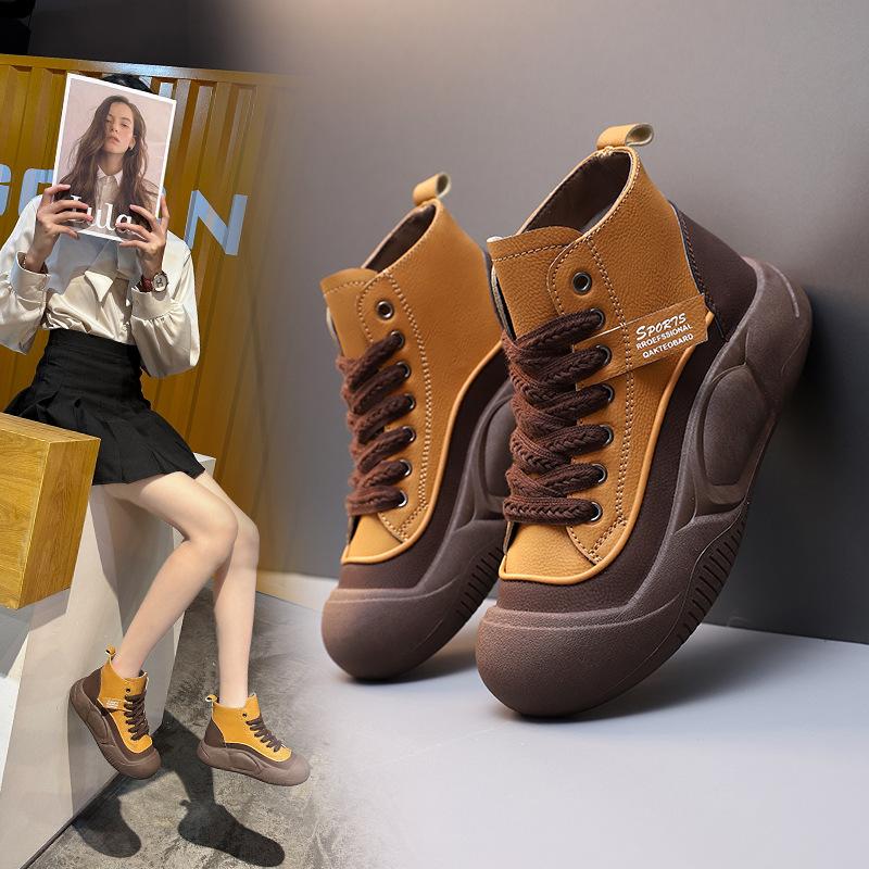 2025 Autumn New Korean Version High-top Leather Versatile Flat-soled White Shoes Women's Casual Sports Thick Baseplate Shoes