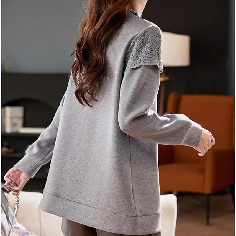 Sweatshirt for Women Cotton Oversize Lace-Trimmed Fleece Thickened Loose V-Neck Casual Pullover Long Sleeve Top Sweatshirt