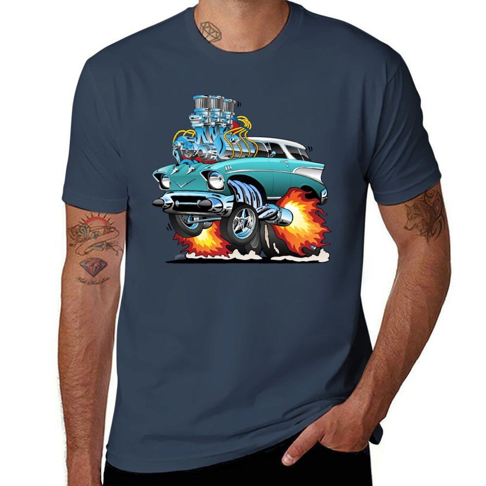 Classic Fifties Hot Rod Muscle Car Cartoon Tshirt Breathable Lightweight Summer Top S