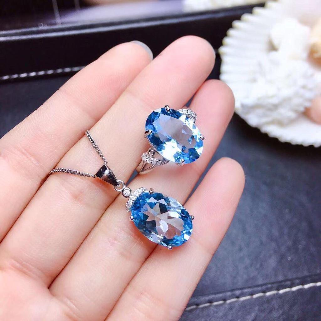 Goose Egg-Shaped Aquamarine Topaz Pendant and Ring Necklace Set for Women, Ideal for Live Streaming Influencers