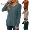 Women Tunic Sweater V-Neck Long Sleeve Solid Color Ribbed Casual Tops Slim Fit Knitted Loose Fit Fall Tops