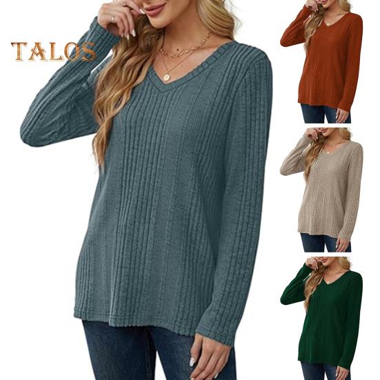 Women Tunic Sweater V-Neck Long Sleeve Solid Color Ribbed Casual Tops Slim Fit Knitted Loose Fit Fall Tops