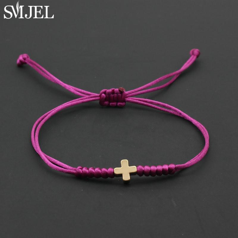 Vintage Tiny Cross Charm Handmade Adjustable Braided Bracelet for Women Lucky Black Red Rope Chain Bracelets New Year Gifts