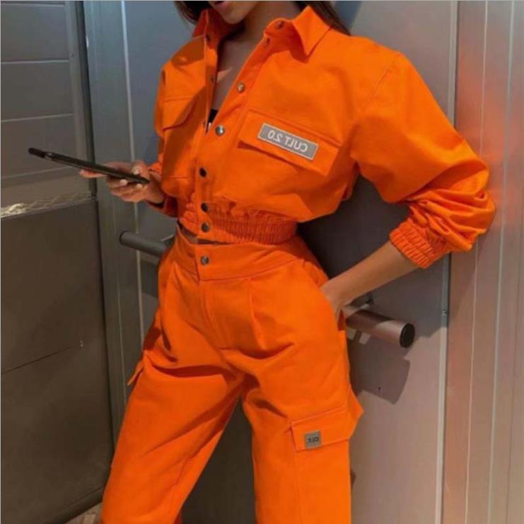 

Новый женский тренд, уличная повседневная однобортная куртка-карго с буквами и брюками, комплект