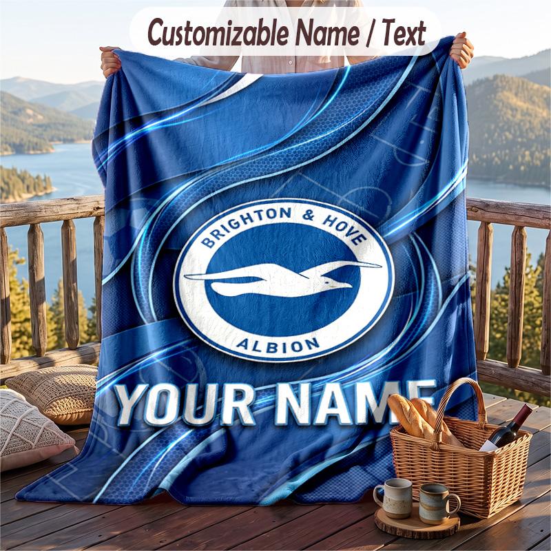 Flannel Blanket Brighton & Hove Albion Football Print Custom Name Text Soft Throw for Sofa Bed
