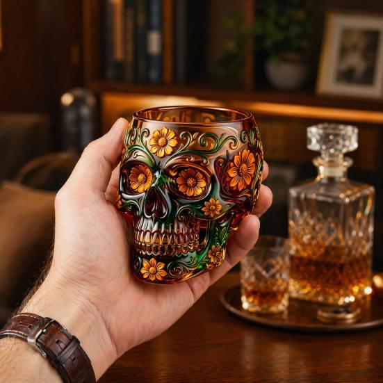 Decorative Glass for Home Bar Day of The Dead Wine Glass, with 3D Relief Painting, Hand-Painted Halloween Themed Gothic Skull Whiskey Cup, Parties And