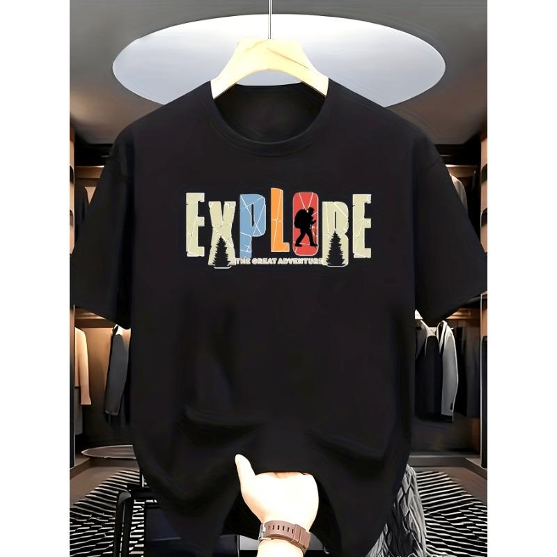

European sizes Adventure Print T-Shirt with EXPLORE Lettering & Explorer Graphic - White Casual Short Sleeve Round Neck Summer S чёрный