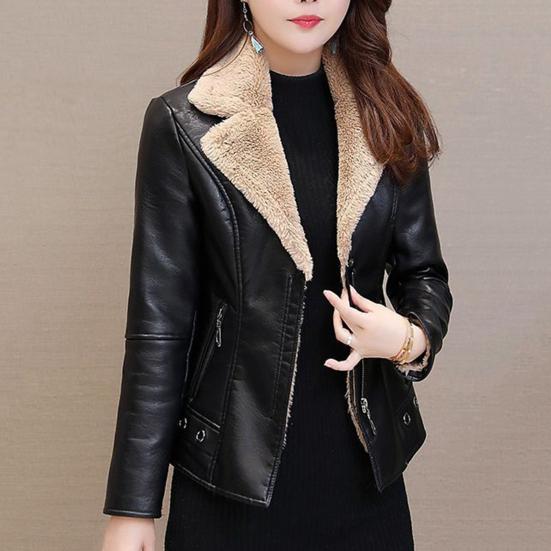 Fall Winter Women Jacket Thick Plush Faux Leather Solid Color Turn-down Collar Zip Up Zipper Pockets Long Sleeve Cardigan Warm Slim Fit Lady
