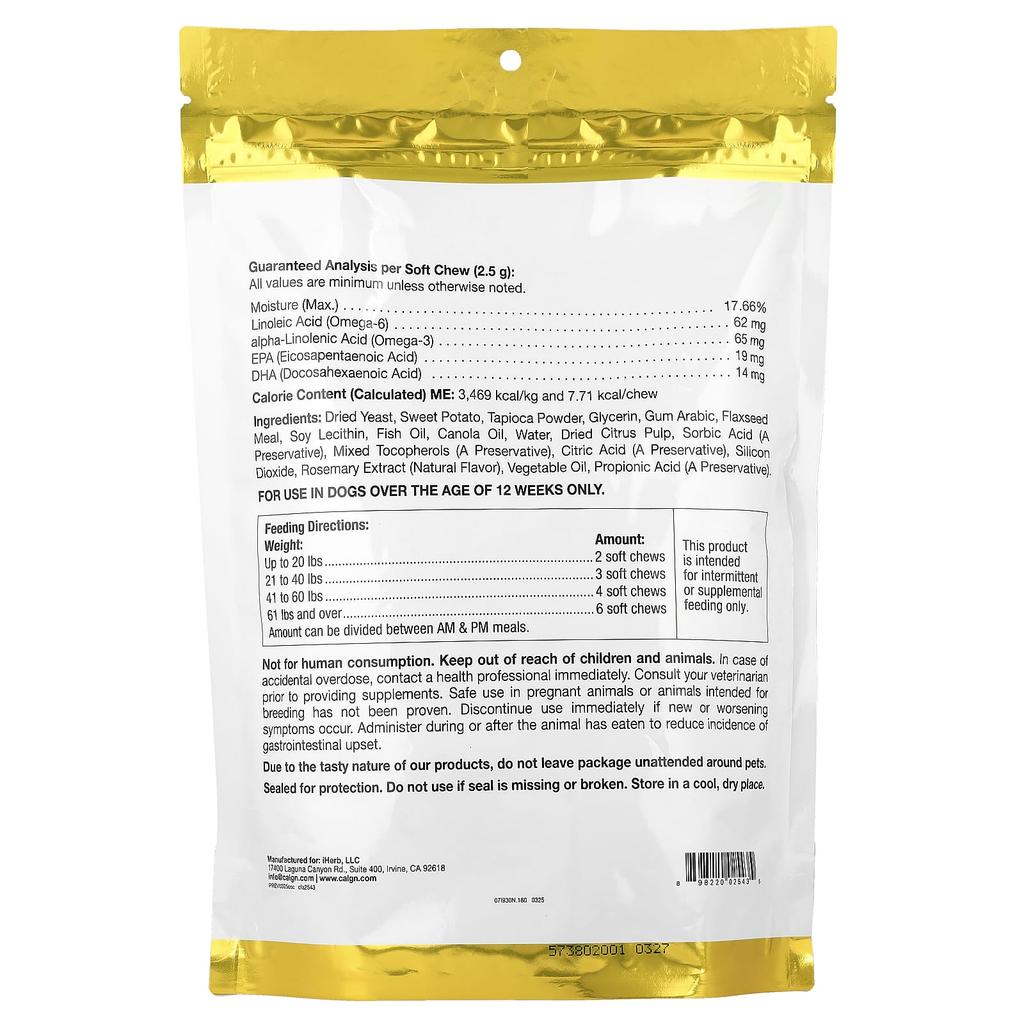 California Gold Nutrition, Pets, Omega Skin & Coat for Dogs, with Omega-3, 180 Soft Chews, 450g (15.87oz)