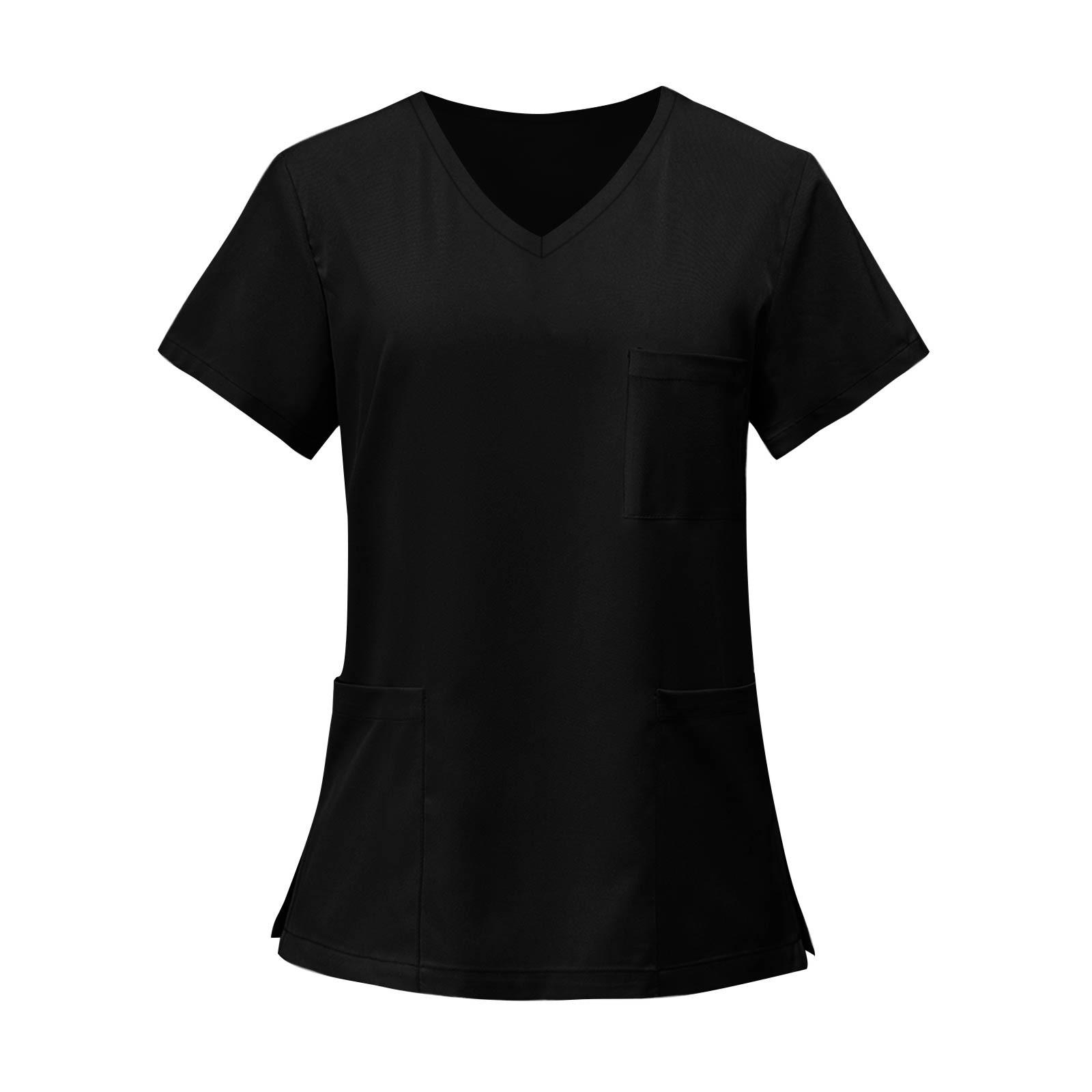 

Женские модные однотонные футболки с коротким рукавом и V-образным вырезом, с карманами и рабочими футболками M чёрный