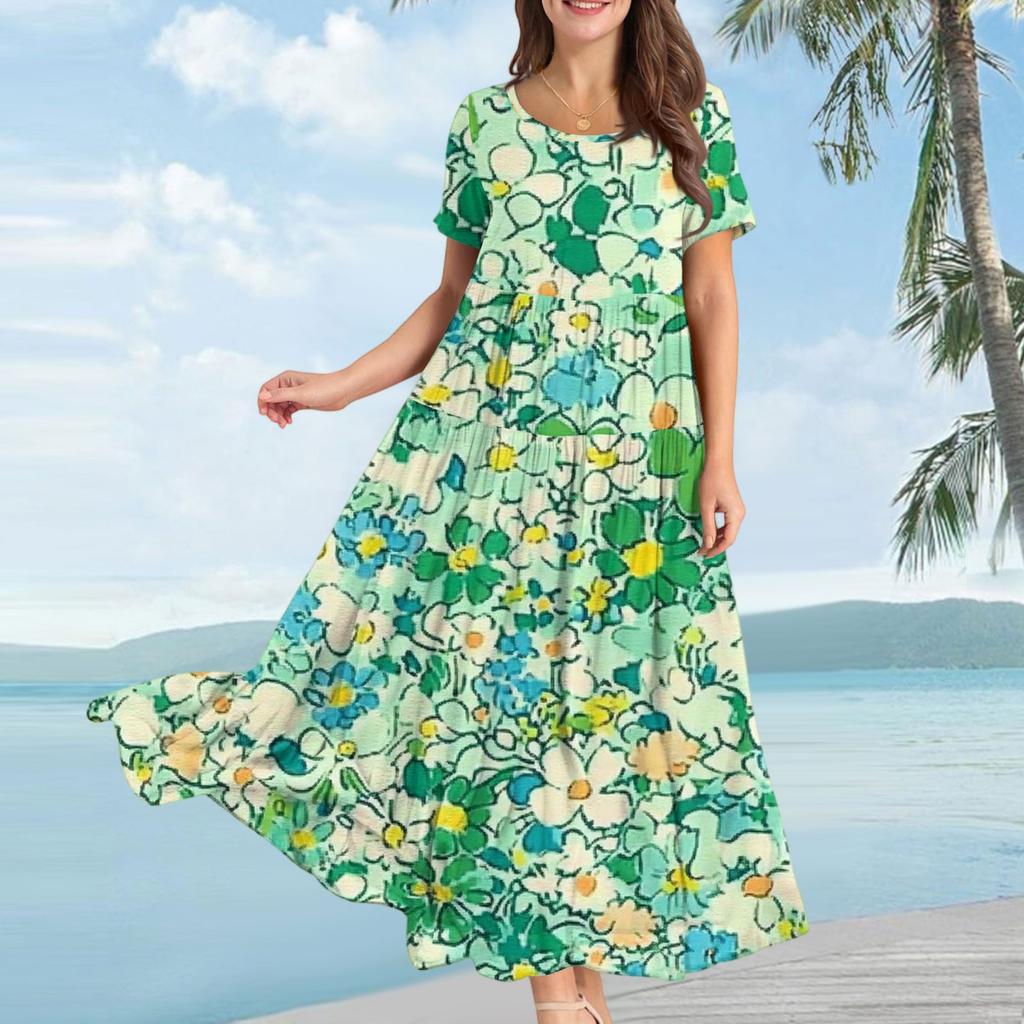 Women's Casual Loose Bohemian Floral Print Short Sleeve Dress