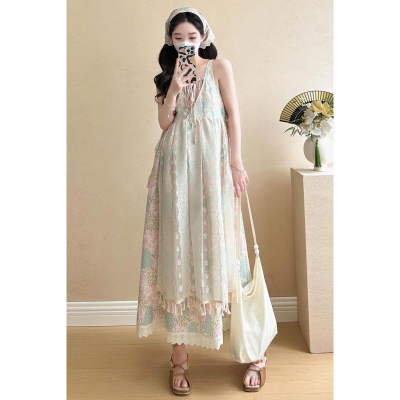 Floral Summer Maternity Beach Dress Set with Mesh Camisole Medium