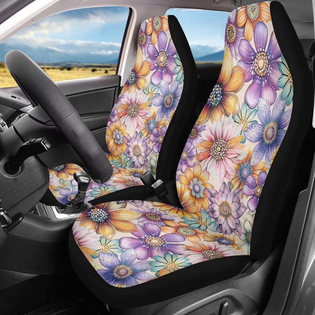 Bulopur Black Boho Floral Car Seat Covers Front Seats Only for Women Men Seat Covers w/Organizer Pocket for Cars SUV Truck Sedan