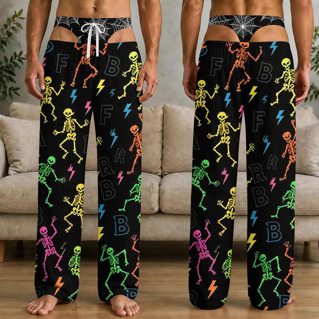 Men's Funny Halloween Print Knit Pants with Pockets, Casual Sleep Pajama Bottoms