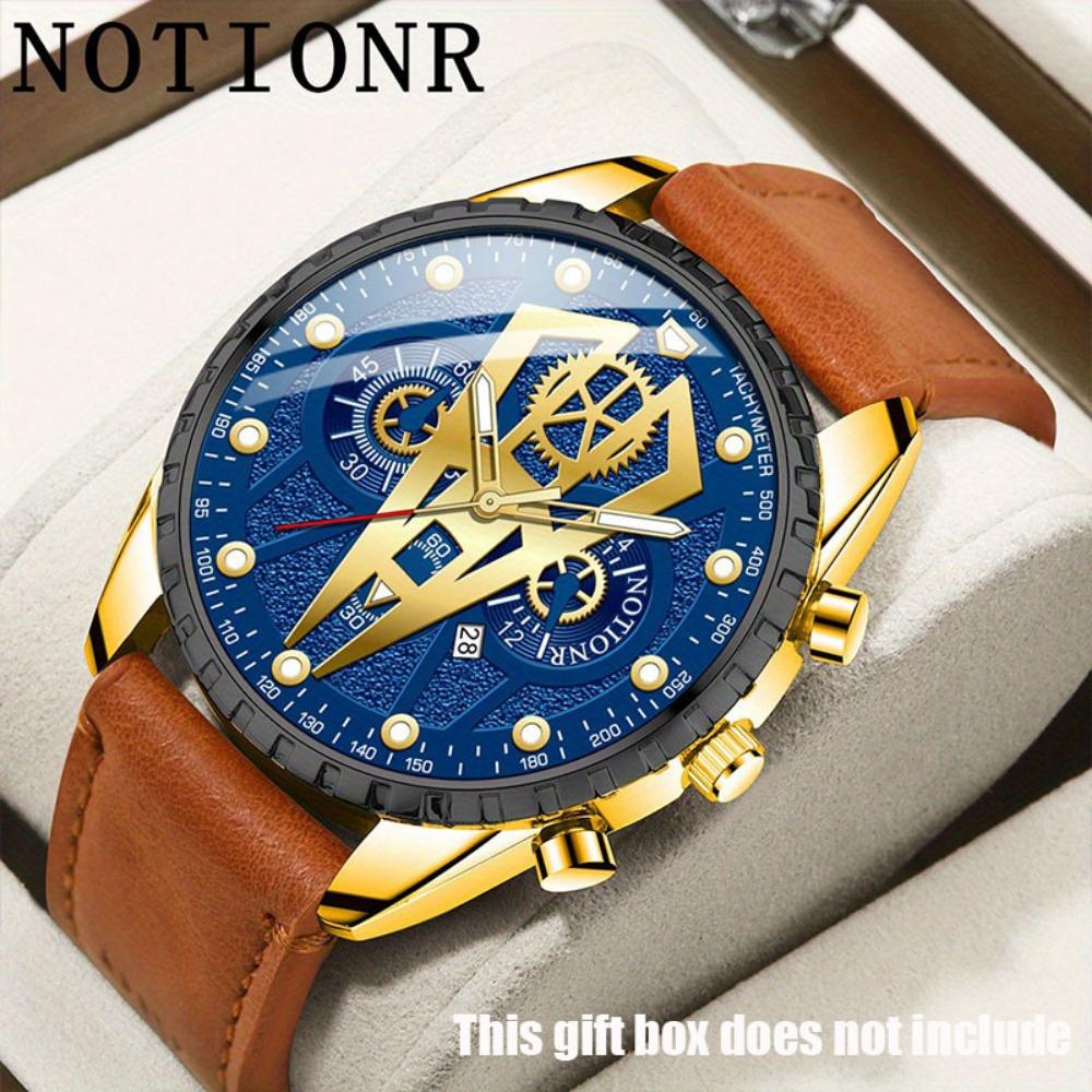 

NOTIONR Men s Business Fashion Golden & Blue Dial Quartz Calendar Watches, Luxury Mens Brown PU Leather Sports Wrist Watch