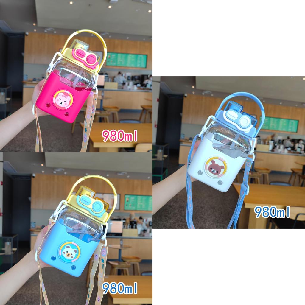 Cute Cartoon Children's New Square Straw Cup Portable With Strap High Value Student Water Bottle Large Capacity Wholesale 980ml