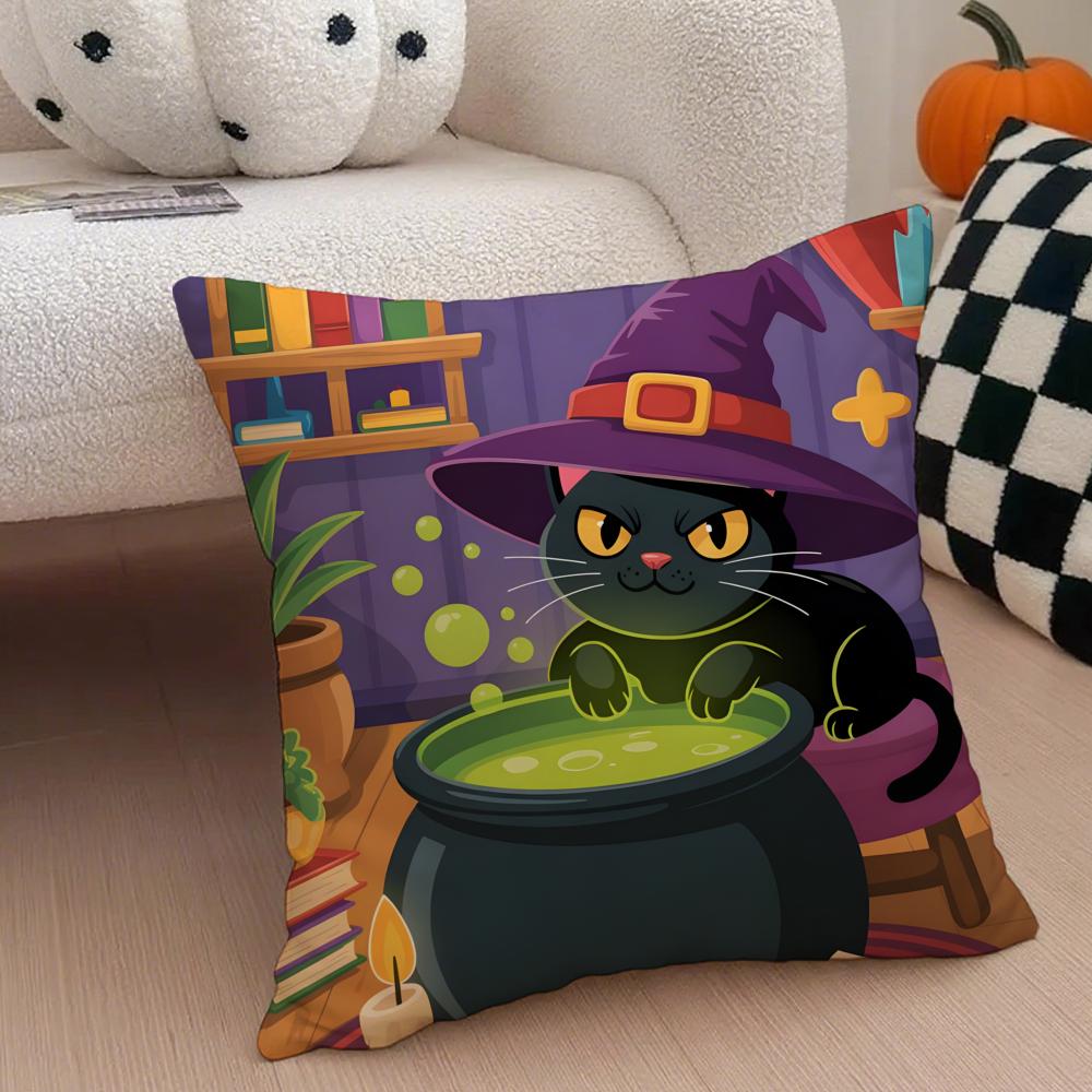 Character Spooky Halloween magic cat Cushion Cover Throw Pillow Cover Hidden Button Durable Polyester Chair Cushion