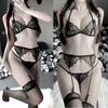 Woman Sexy Hot Lace Erotic Lingerie Sets BDSM Underwear 5pcs / Sets See Through Bra+Panties +Garter Belt +Stockings Adults Sex Lingerie and Panty