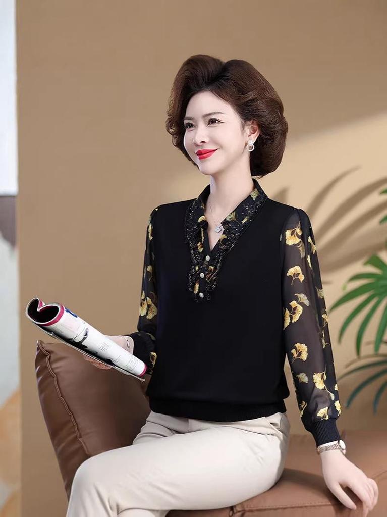 2026 New Lapel Long-Sleeve T-Shirt for Middle-Aged Women, Thin Spring/Autumn Top, Small Size for Mom