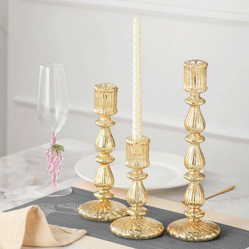 Candle Stick Holders Tapers Candle Holders Ribbed Glass Candlestick Holders with Wide Round Base for Dining Table Shelf Display, Home Accent, and