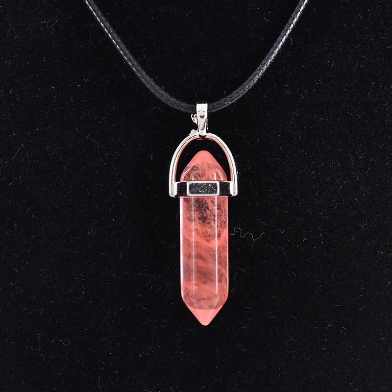 New Hexagonal Column Natural Stone Choker Necklaces Vintage Pink Purple Crystal Pendent Necklace for Women Leather Chain Jewelry