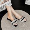 Fashion New Summer Fashion Design PU Flat Heels Women's Shoes Square Toe Non Slip Rhinestone Slippers Bling Women Sandals Plus Size 42