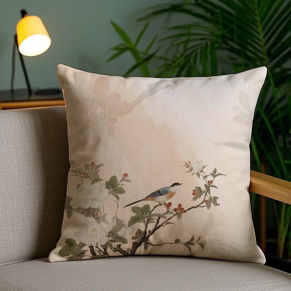 Prosta poszewka na poduszkę w stylu chińskim z ptakami i kwiatami, poszewka przeciw roztoczom, niewidoczny zamek błyskawiczny, jedwabisty krótki plusz, pokrowiec na poduszkę do sofy