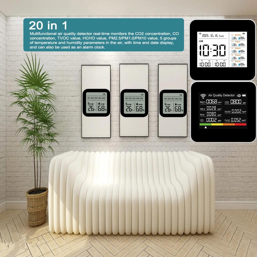 20 in 1 Tuya WIFI Air Quality Detector CO/CO2/TVOC/HCHO/PM2.5/PM1.0/PM10/Temp/Humidity/Time/Date/Alarm with 3/5pcs Sub-sensors
