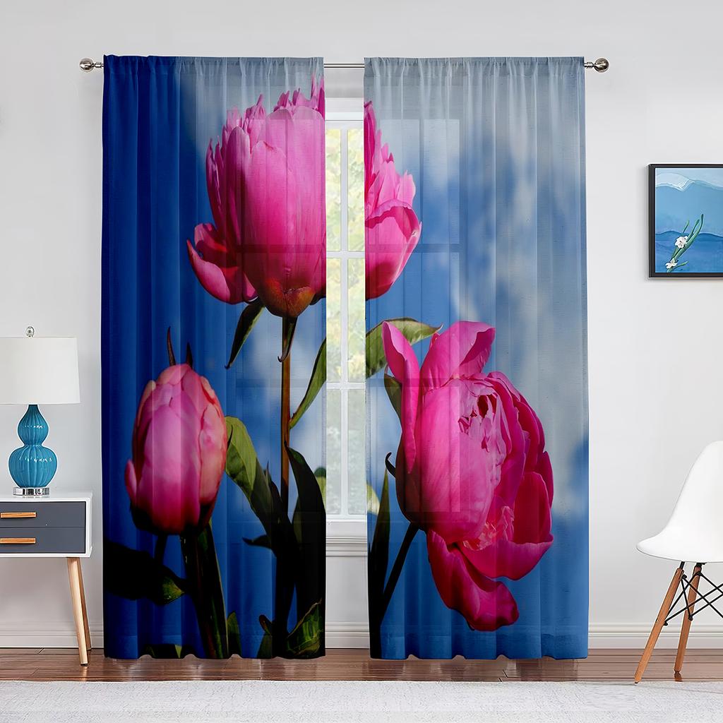 Różowe Piwonie Kwiatowe Wiosenne Akwarelowe Przezroczyste Woalowe Zasłony do Salonu Sypialni Kuchni Zasłony Okienne Szyfonowe Tiulowe Zasłony
