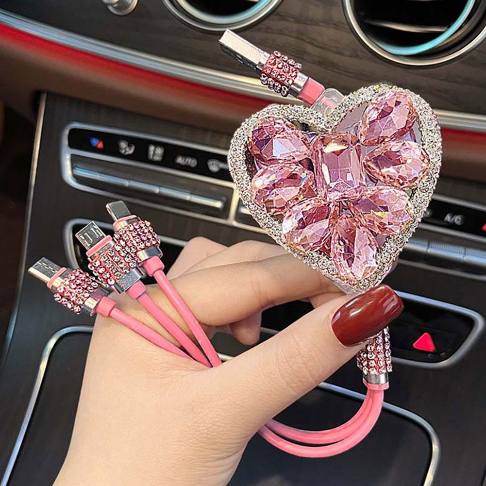 Bling Diamond Goddess Love Car Charger USB Multi Charging Cable Auto Fast Charging With 1 In 3 Type C/Micro/Port Sync Data Line
