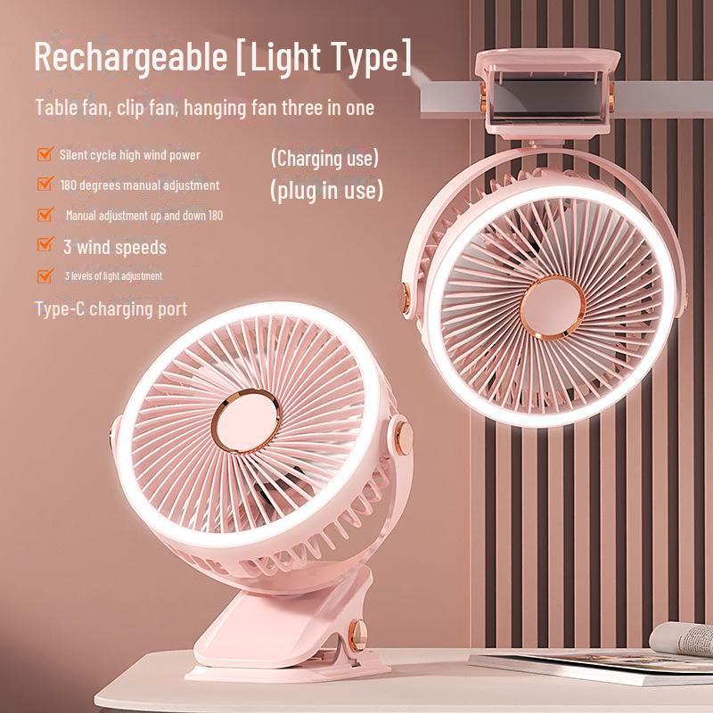 Rechargeable USB Clip Fan with Desk Lamp - Large Battery, Portable for Student Dormitories