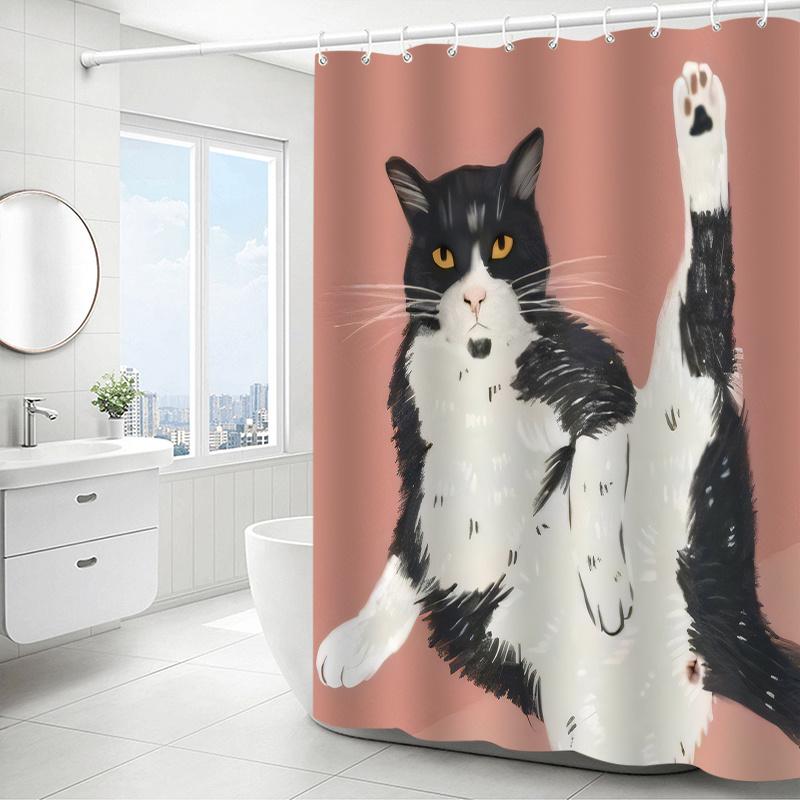 VIKAMA Cartoon Cat Pattern Shower Curtain, Waterproof Bathroom Divider for Bathtub Achieving Wet-Dry Separation
