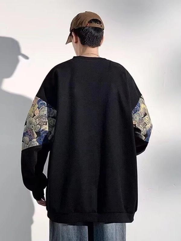 Men's Plus Size Embroidered Patchwork Sweatshirt - Loose Fit, Round Neck, Spring/Autumn Trend.