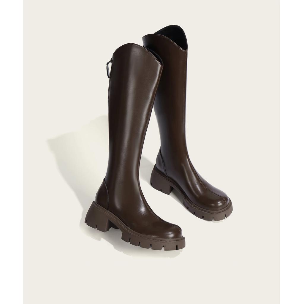 Qiao Feifei V-mouth long boots for women 2025 autumn and winter brown thick-soled high boots Knight boots Children increase height and look thinner