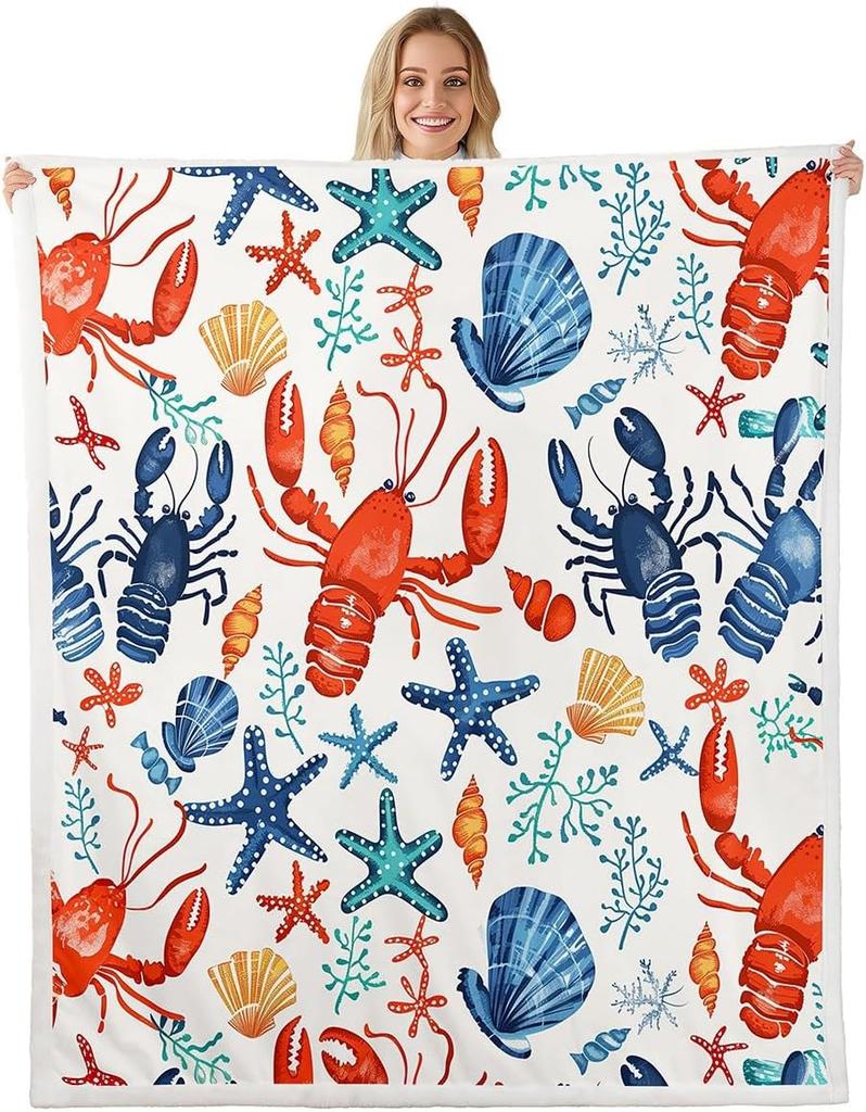 Red Lobster Pattern Blanket Soft Fleece Throw Seafood Theme Decor Fun Gift for Kitchen Living Room Bedroom