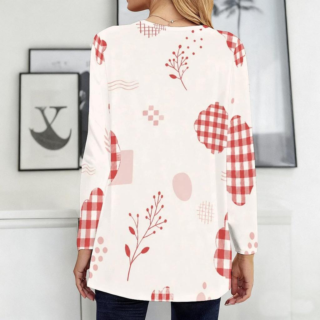 Women Plus Size Round Neck Long Sleeve Floral Plaid Printed Loose T Shirt With Pockets