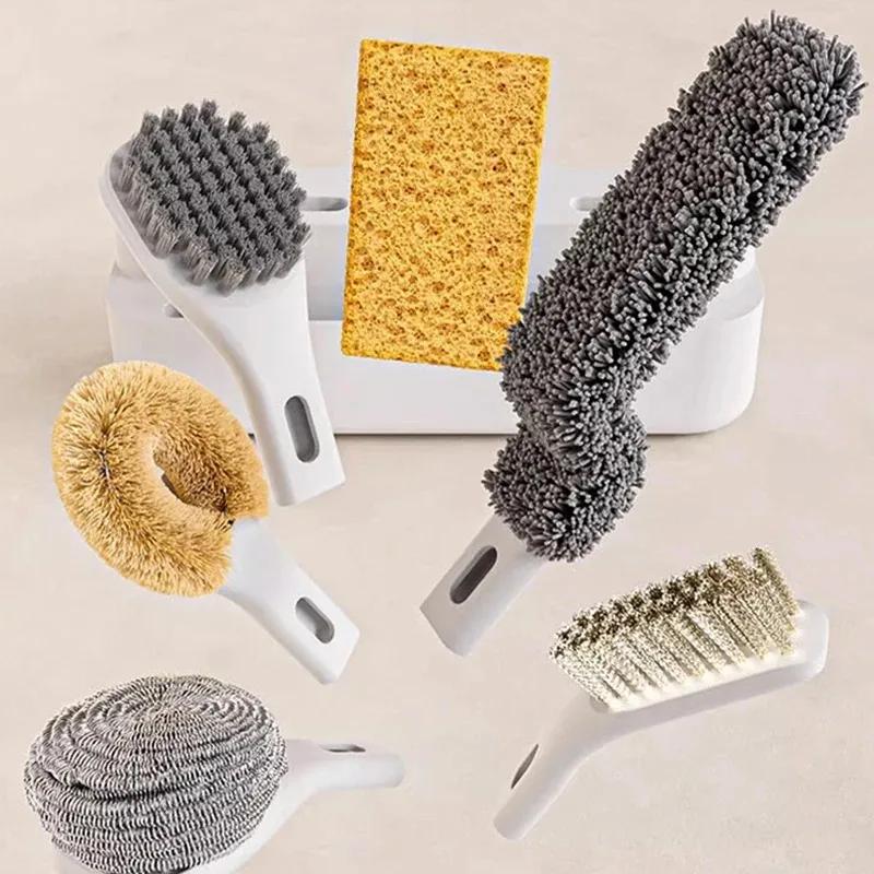 Kitchen Dish Brush Set Deep Cleaning Scrub Brushes Kit with Storage Holder Handle with Cleaning Brush Heads for Pots Pans Bottle