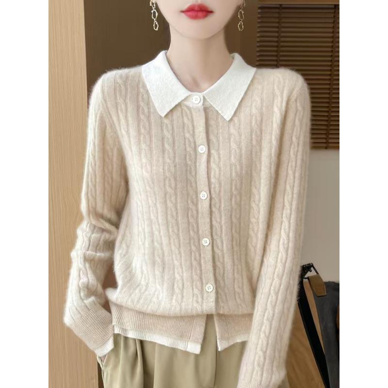 POLO Collar Small Twist Short Colour Blocking Knitted Cardigan Women's Pullover Sweater Bottoming Shirt Jacket