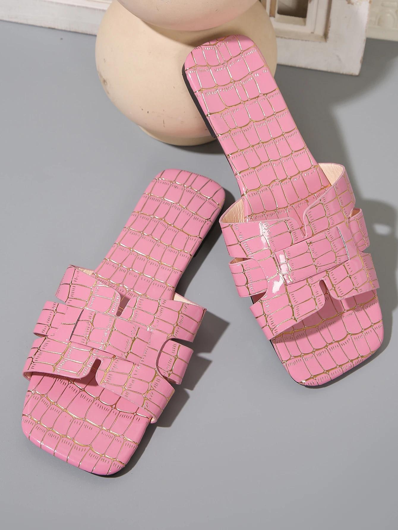 

Fashion 2025 New Fashion Women s Summer Shoes Crocodile Pattern Solid Flat with Sandals Luxury Non-slip Rubber Slippers 43 розовый