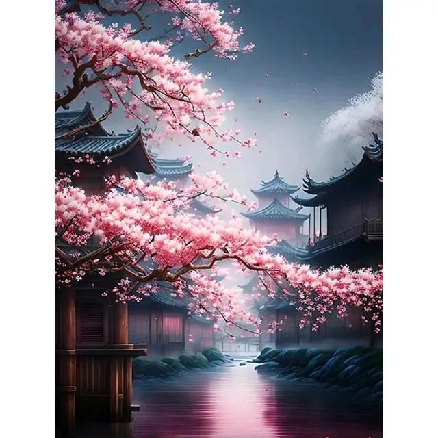 5D Diy Diamond Embroidery Sakura Bridge and Palace Diamond Painting Needleworks Cross Stitch Needleworks Home Decor J3479