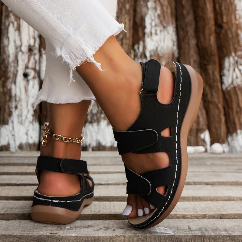 Summer New Sandals Thick Bottom Hollow Slope Heel Velcro Solid Color Breathable Open Toe