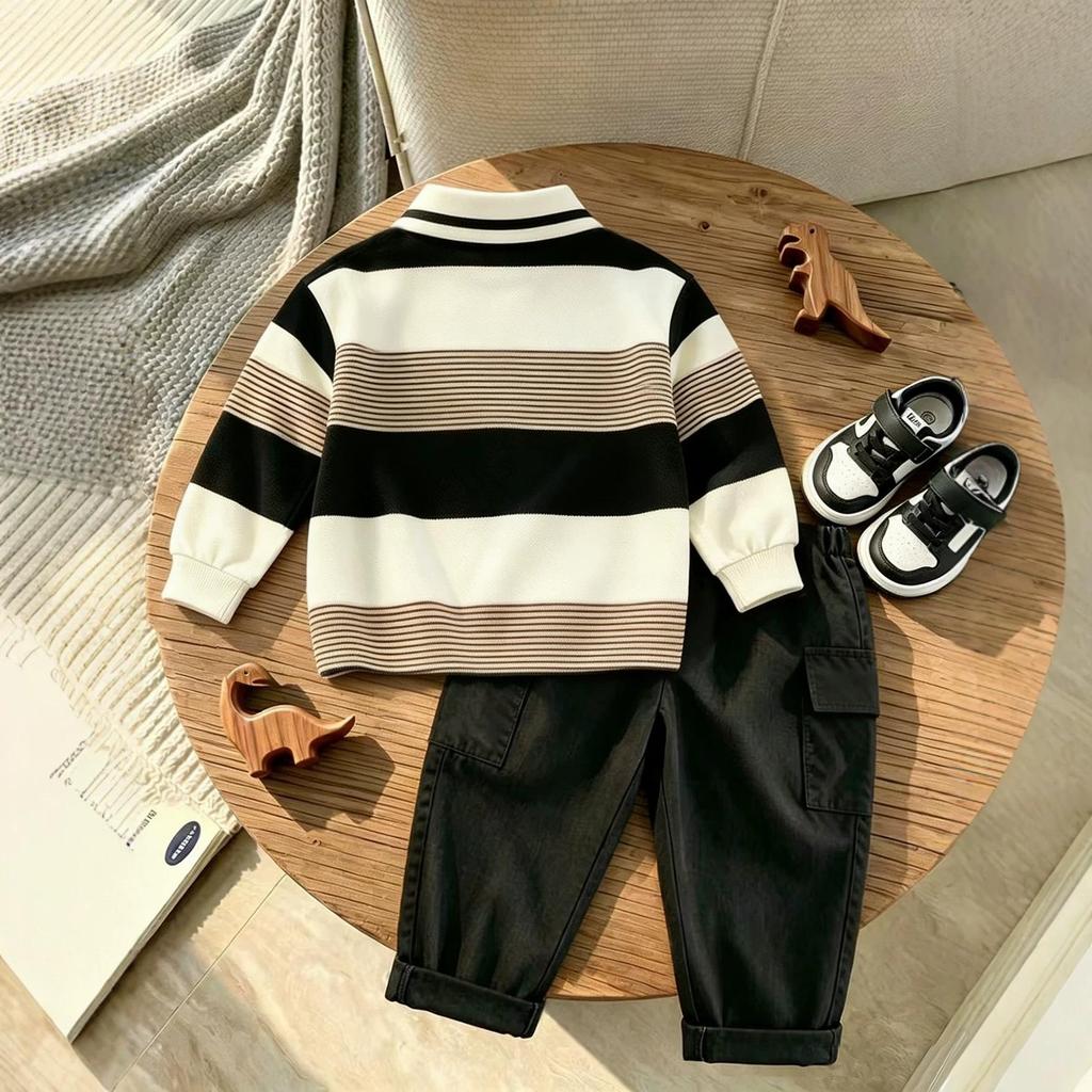 2026 Boys' Autumn Striped Polo Shirt & Cargo Pants Two-Piece Set - Stylish & Trendy