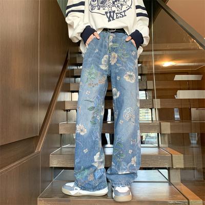Autumn Floral Printed Jeans for Men Y2K Vintage Denim Pants Hip Hop Fashion Wide-leg Baggy Jean Streetwear Trousers