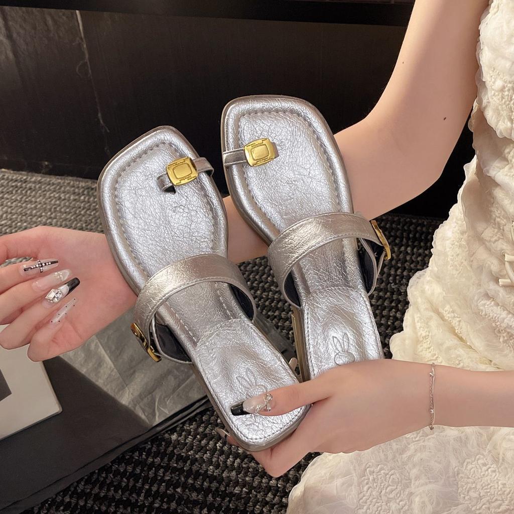 2025 new summer popular word with toe simple sandals women fashion wear versatile medium heel cool slippers women