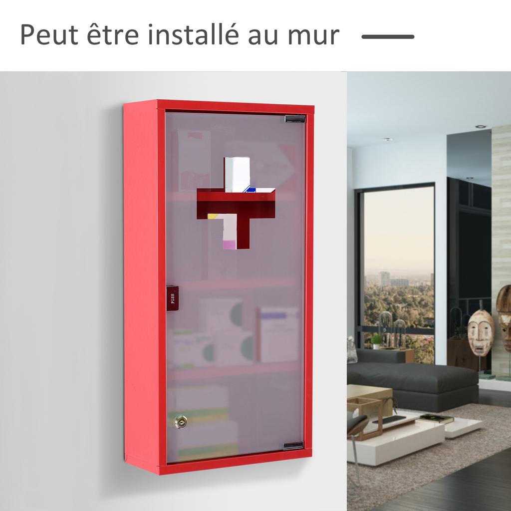 Lockable Medicine Cabinet, 3-Shelf 4-Tier, Glass Door, Cross Logo, 30 x 12 x 60 cm, Red Steel