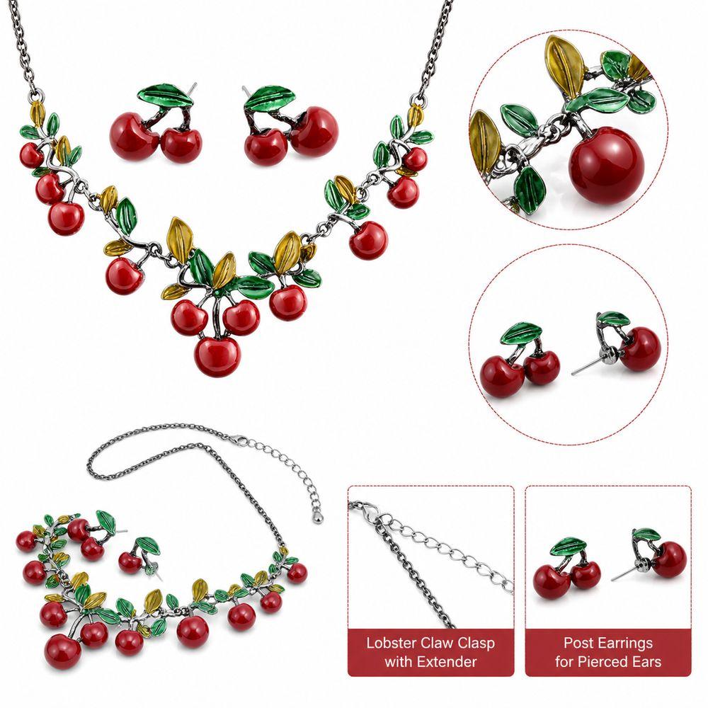 Dangling Charms Cherry Necklace Set Red Collarbone Necklace New Necklace Earring Set  Daily Outfits