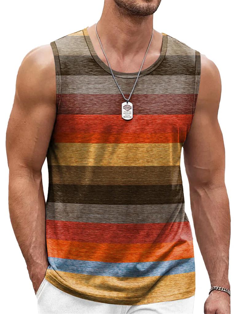 Canottiere Grafiche a Strisce Retro da Uomo Moda Casual Estive Senza Maniche Gilet Stampato 3D Largo Girocollo Magliette Sportive Asciugatura Rapida