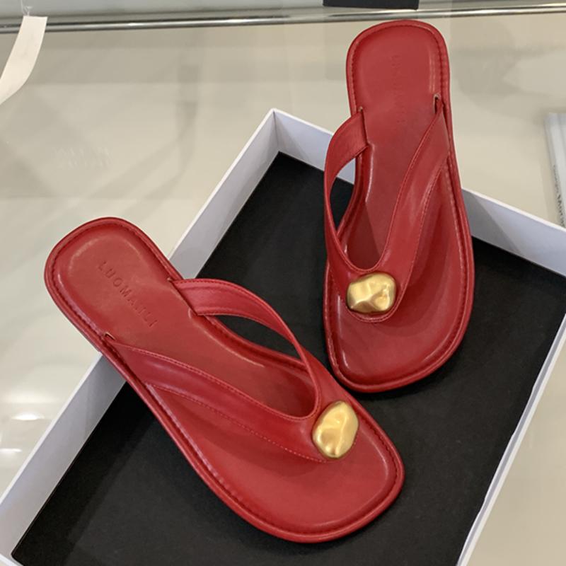 Fashion SUOJIALUN Summer New Brand Women Slipper Fashion Metal Buckle Slip On Flip Flop Shoes Soft Flat Heel Outdoor Casual Vacation Sli