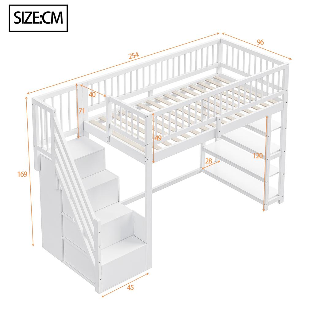 Loft Bed 90 x 200, High-Fence Safety Design with Wardrobe, Shelves and Storage with Safety Climbing Ladder, Multifunctional Bed, Solid Wood Bed, White